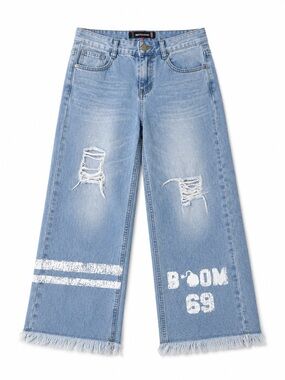 Light Blue Wide-Leg Distressed Jeans with Graphic Detail